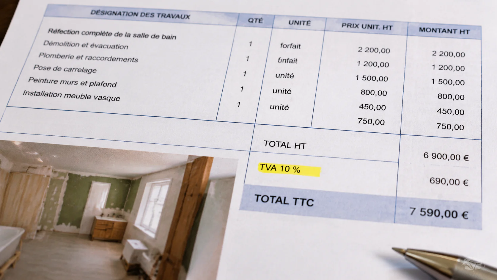 Facture de travaux de rénovation avec taux de TVA à 10% mis en évidence