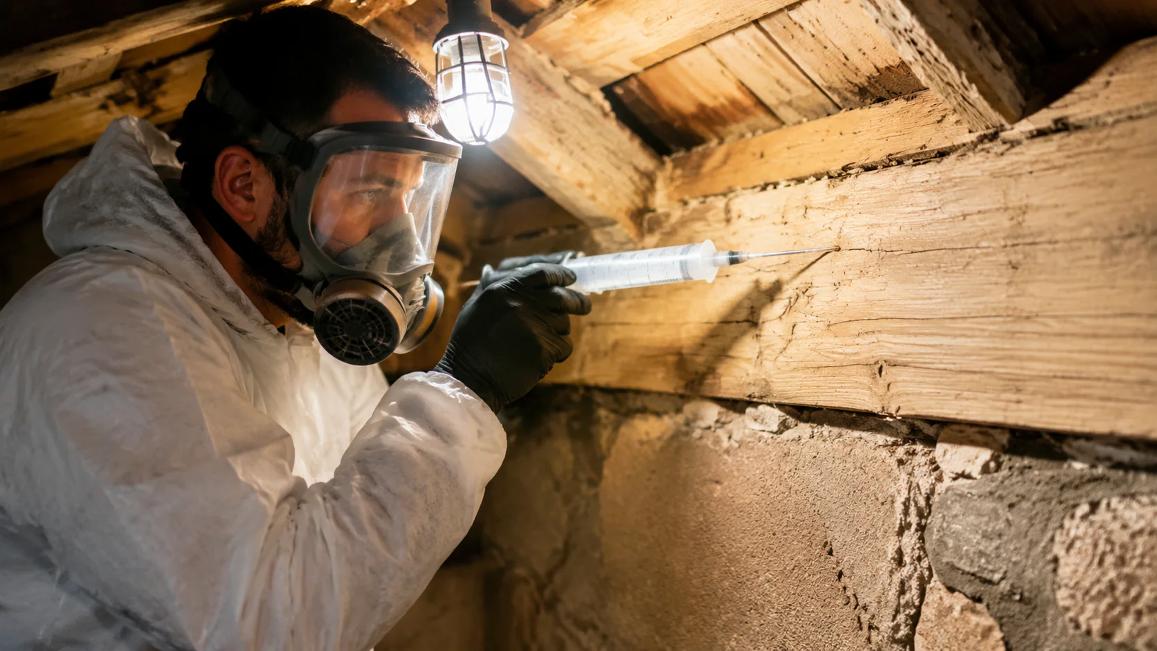 Technicien professionnel traitant une charpente infestée par des termites