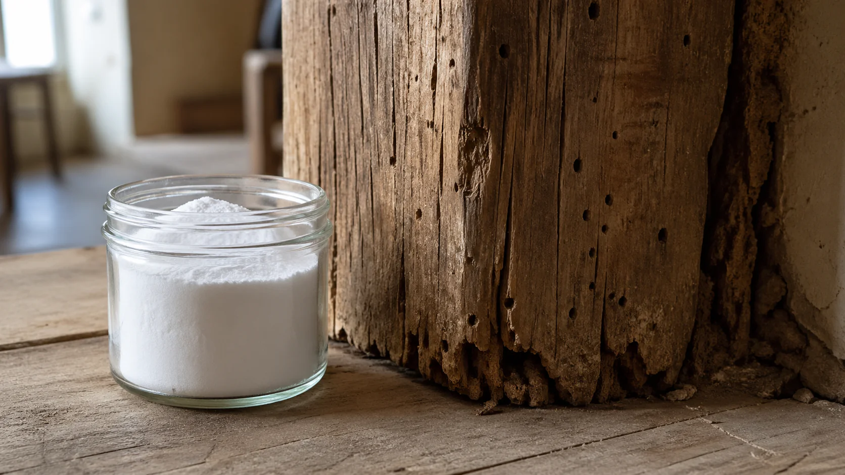 Pot de bicarbonate de soude posé près d'une poutre en bois