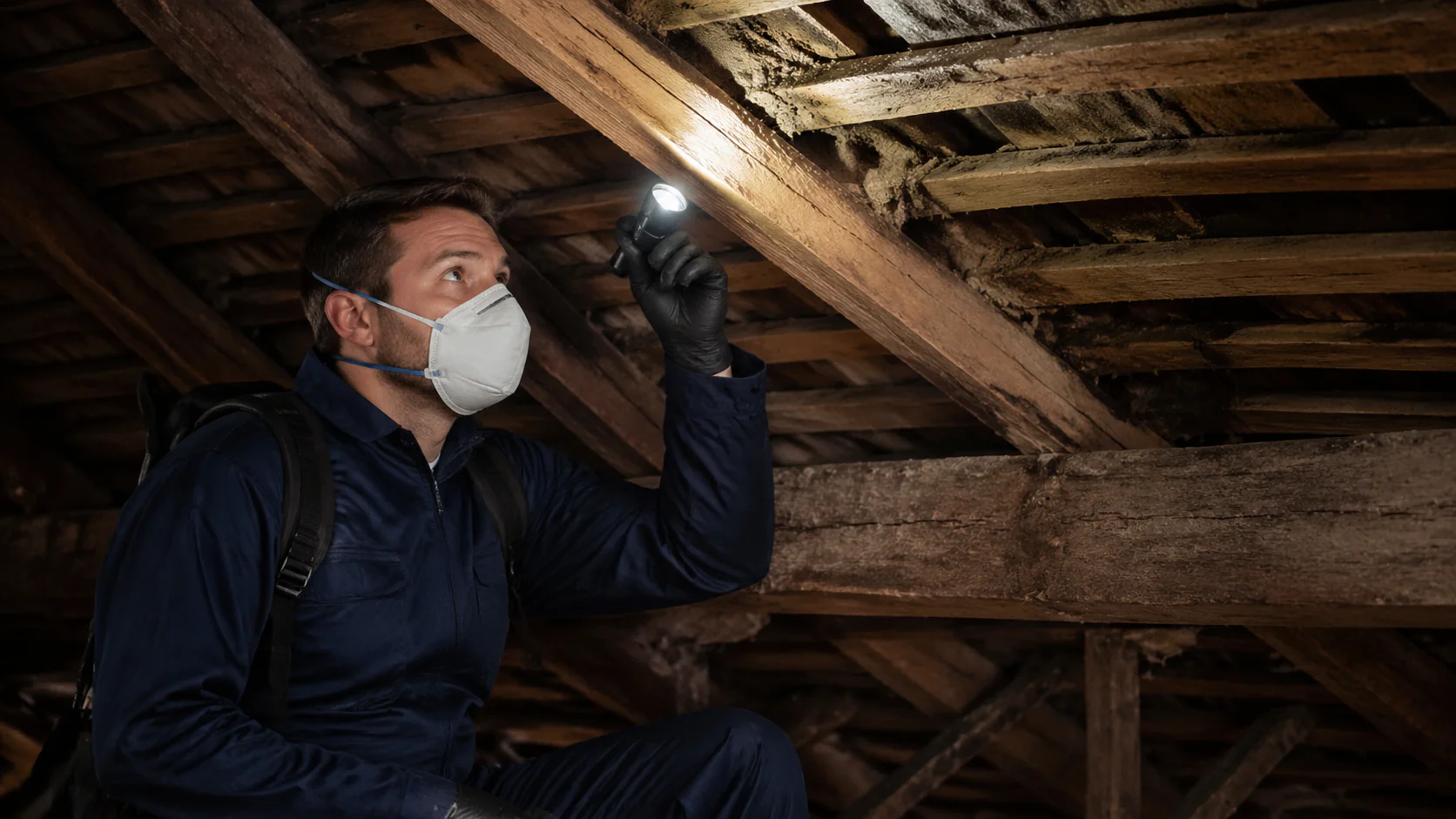 Technicien professionnel inspectant une charpente pour termites