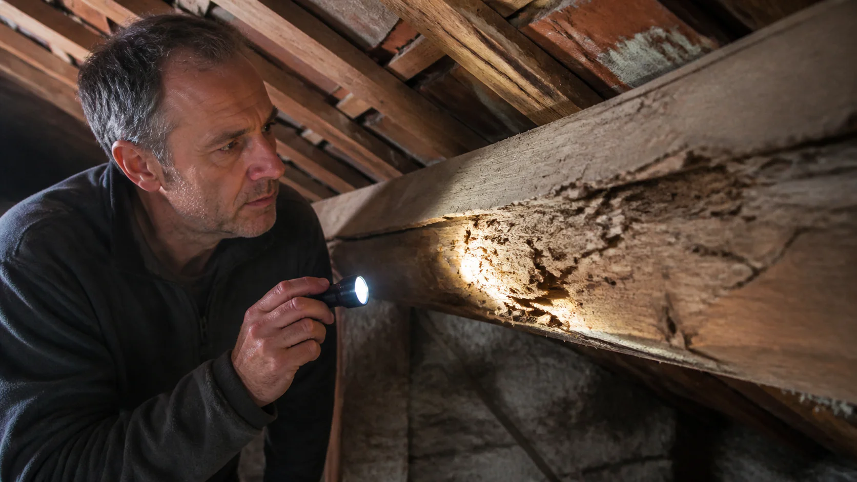Propriétaire examinant une charpente endommagée par les termites
