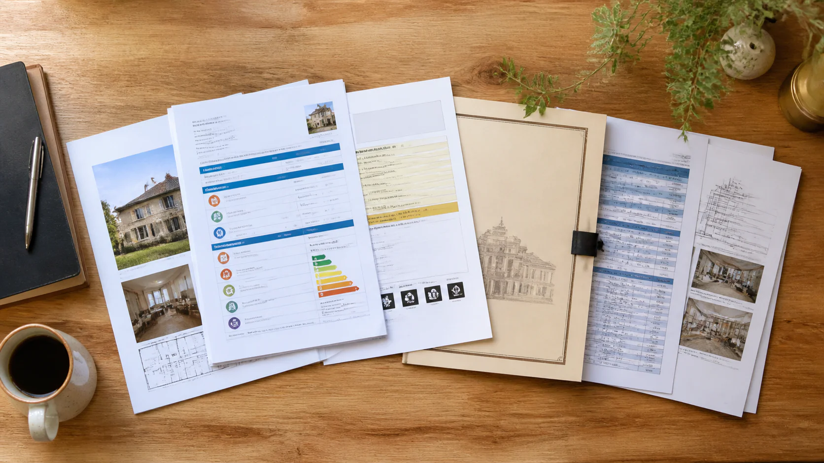 Documents administratifs et rapport de diagnostic termites sur un bureau