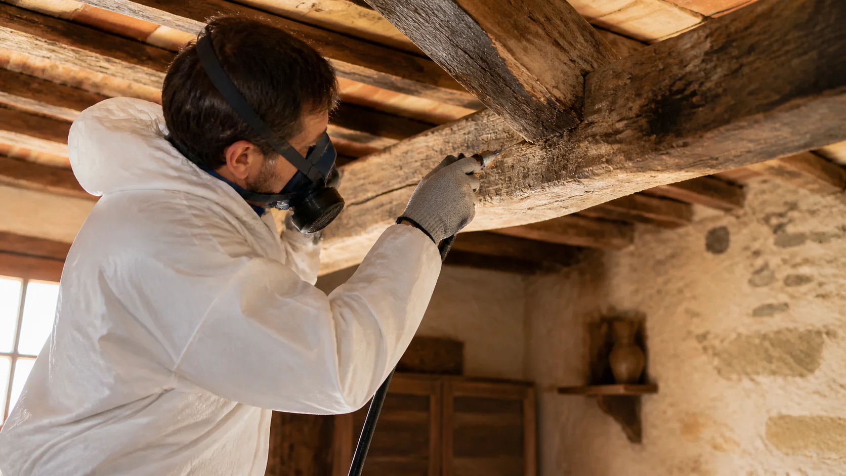 Technicien professionnel traitant une charpente infestée de termites