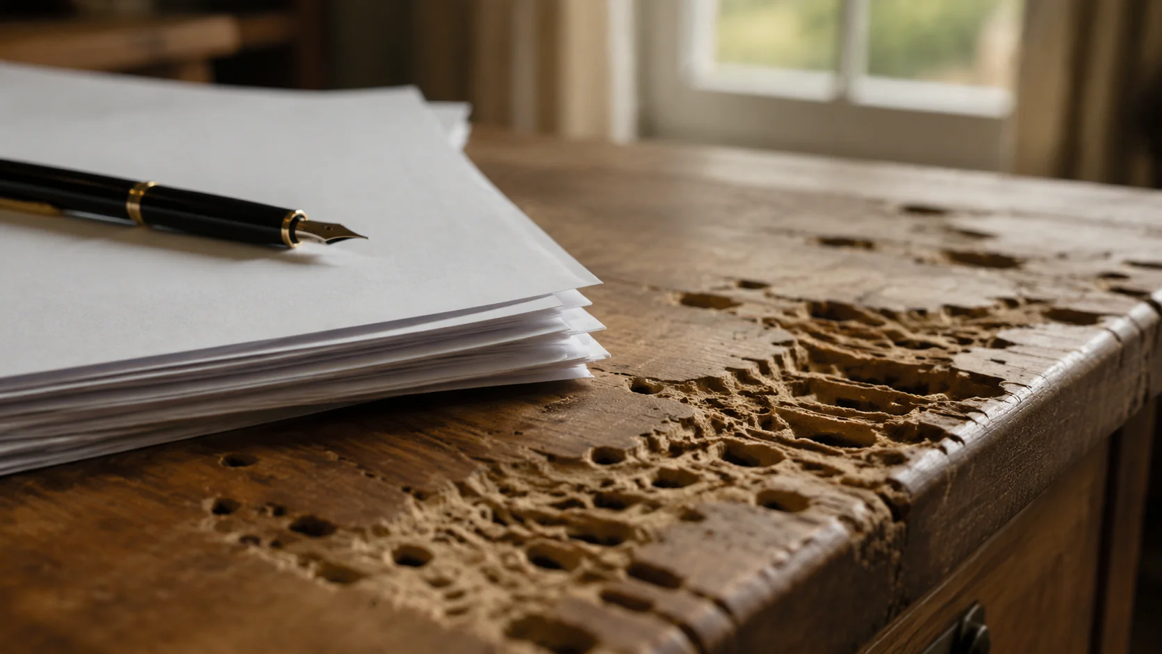Document d'assurance habitation posé sur une table en bois endommagé par les termites