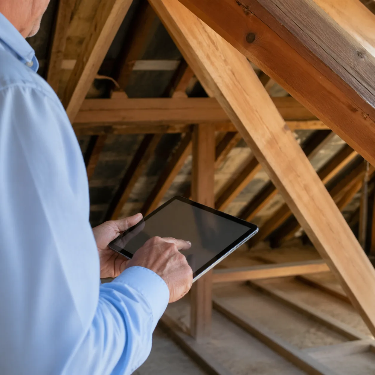 Diagnostiqueur certifié relevant ses observations sur tablette dans une charpente