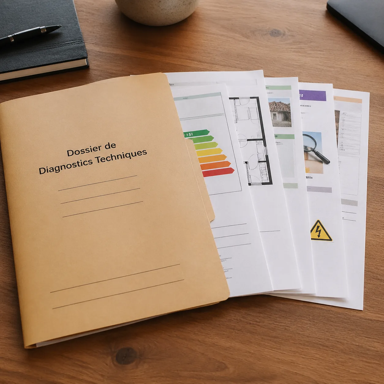 Dossier de diagnostics techniques (DDT) ouvert sur un bureau