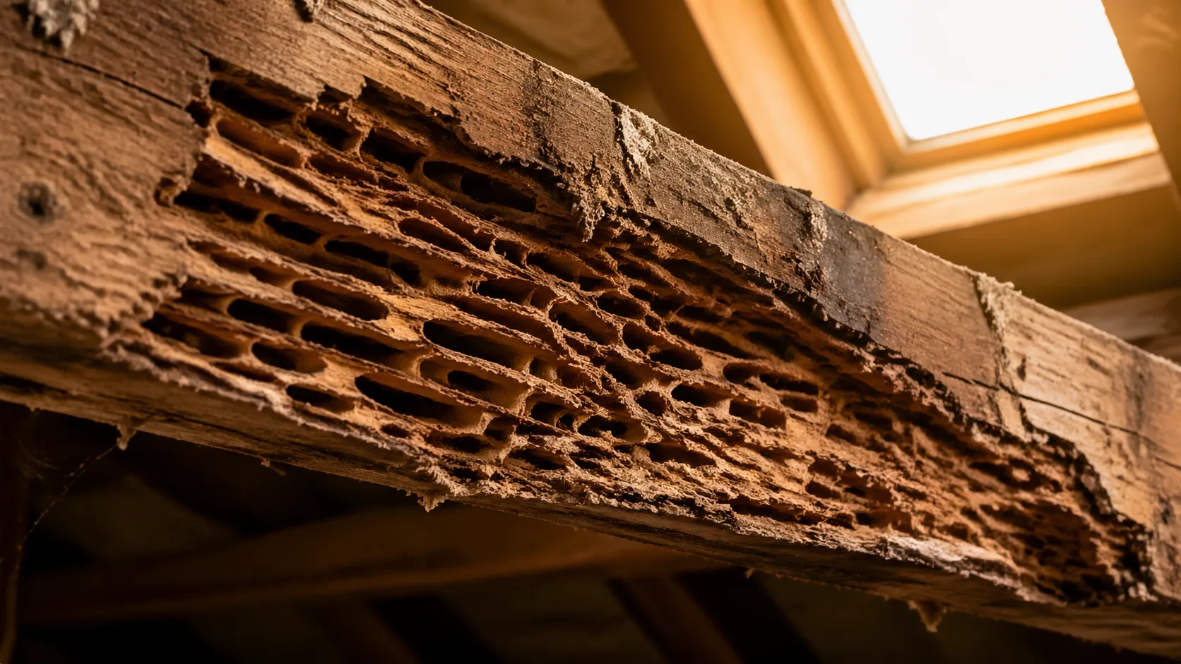 Poutre de charpente rongée de l'intérieur par les termites avec galeries en nid d'abeille apparentes
