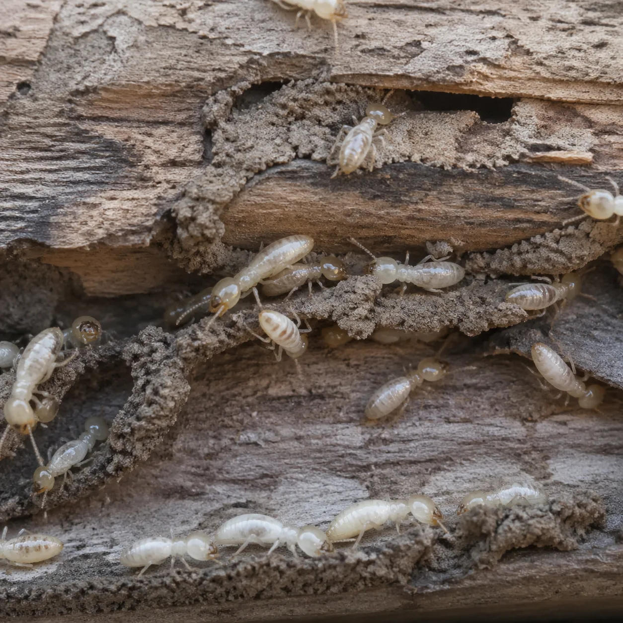 Colonie de termites ouvriers Reticulitermes flavipes sur du bois rongé avec galeries de terre