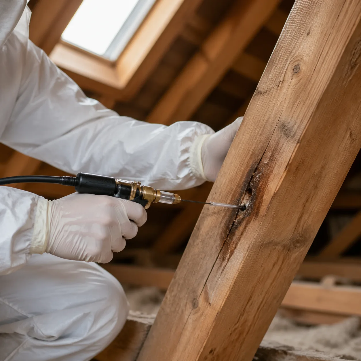 Technicien certifié en combinaison blanche traitant une charpente en bois par injection anti-termites