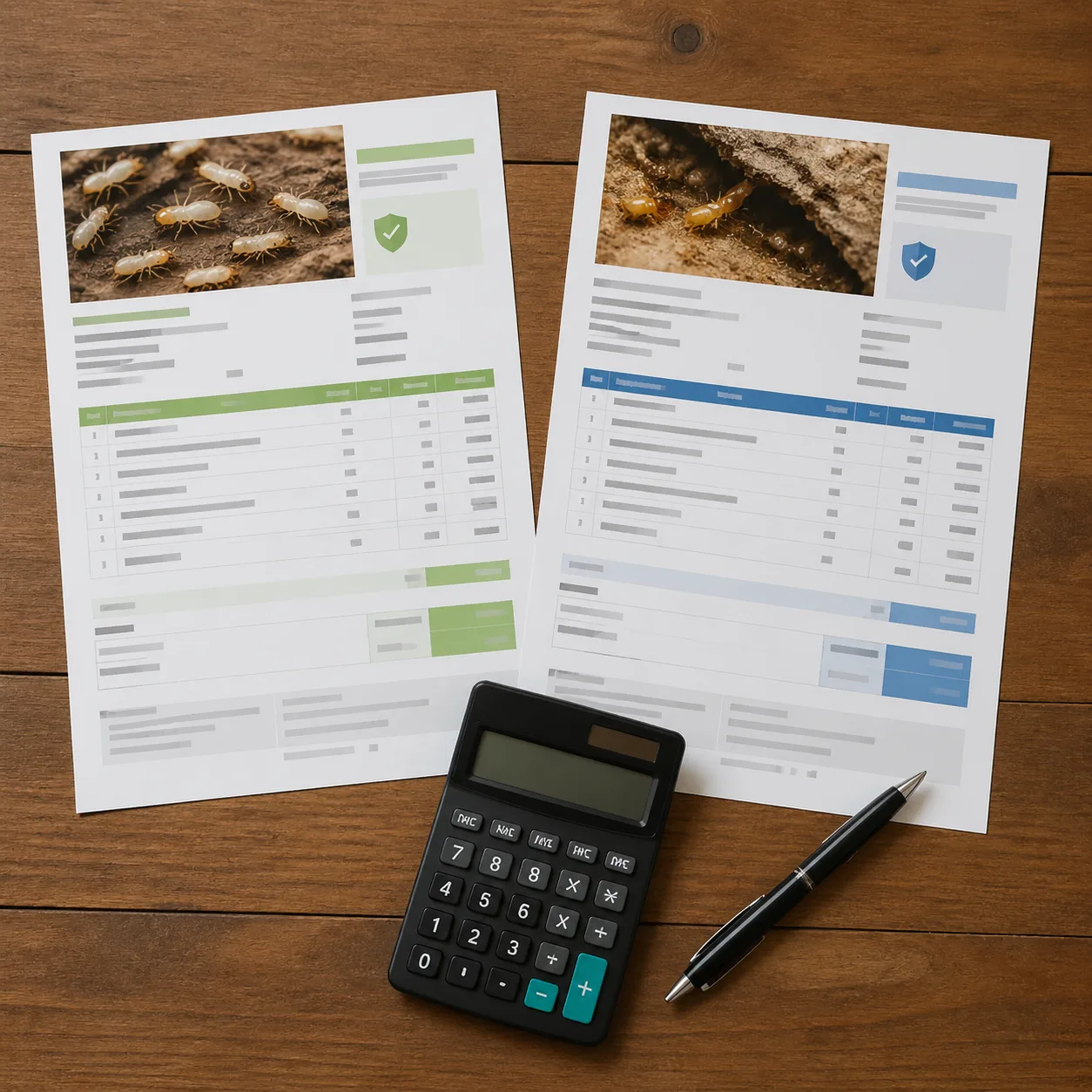 Comparaison de deux devis de traitement anti-termites posés sur une table