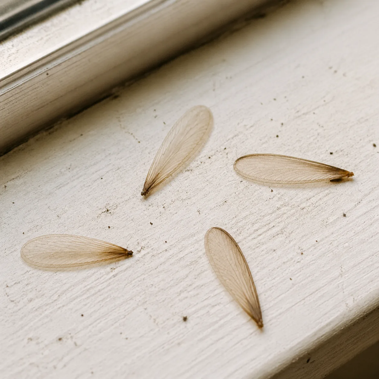 Ailes translucides abandonnées de termites après essaimage sur un rebord de fenêtre en bois