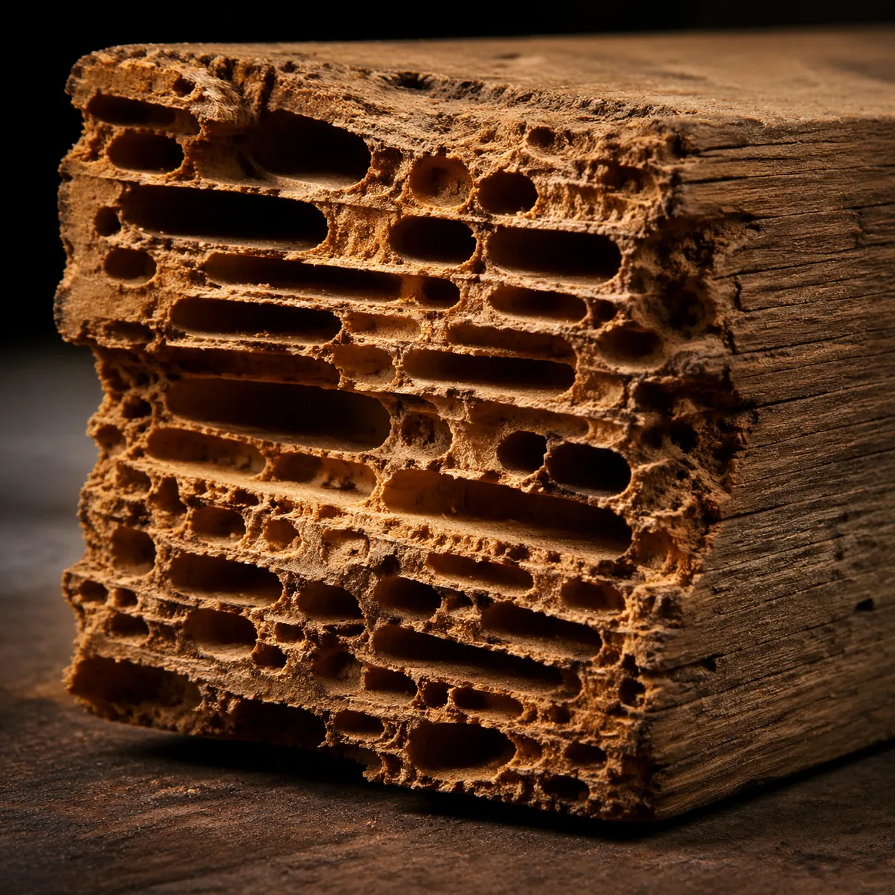 Coupe transversale d'une poutre rongée par les termites avec galeries en nid d'abeille