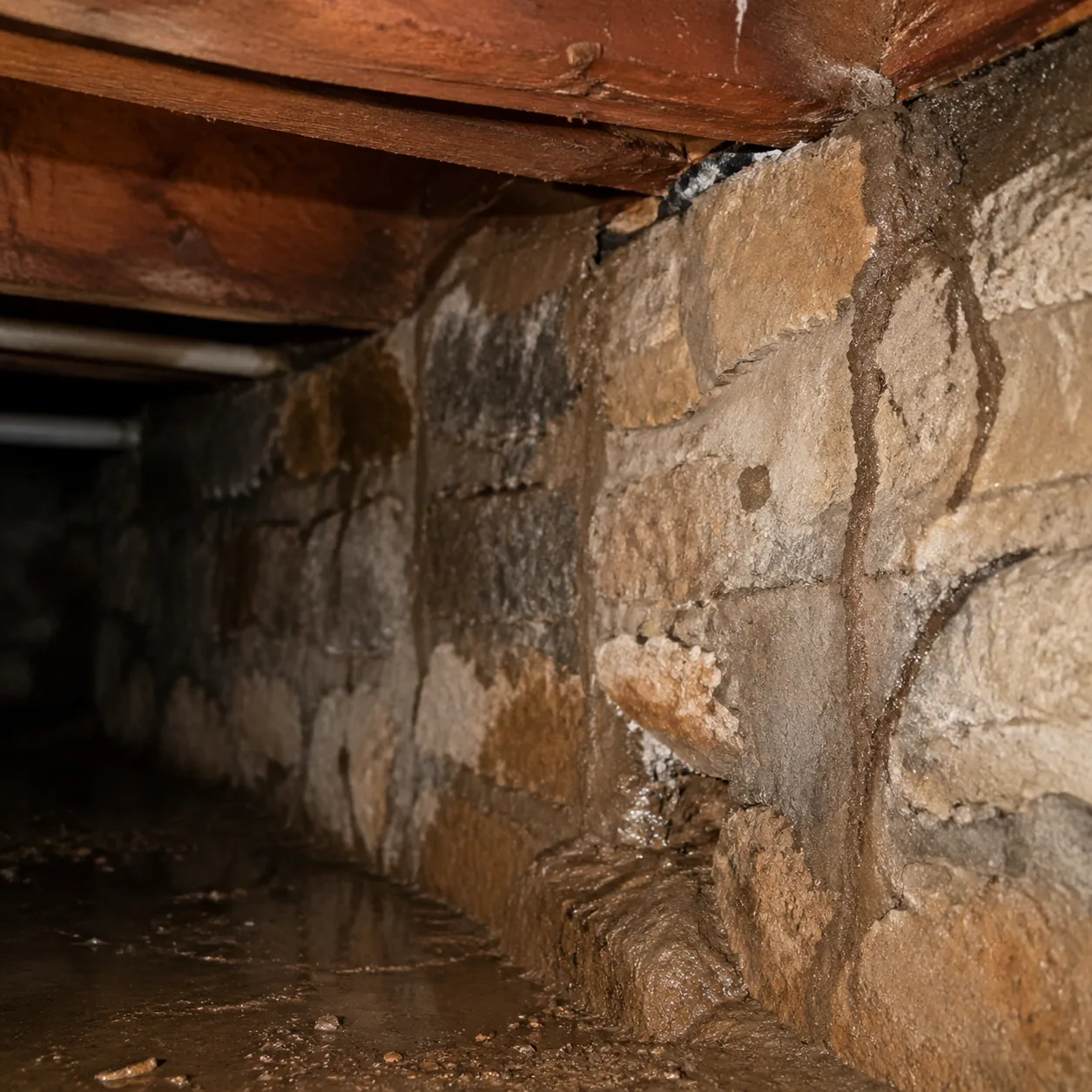Vide sanitaire avec poutres en bois et cordonnets de boue sur les murs