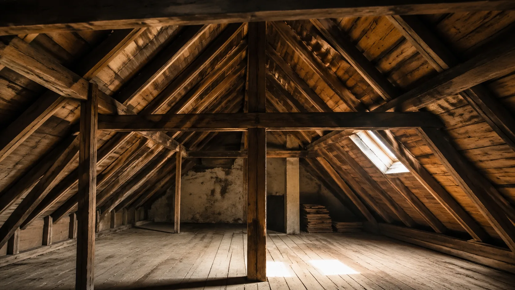 Charpente en bois traditionnel avec poutres apparentes dans un grenier