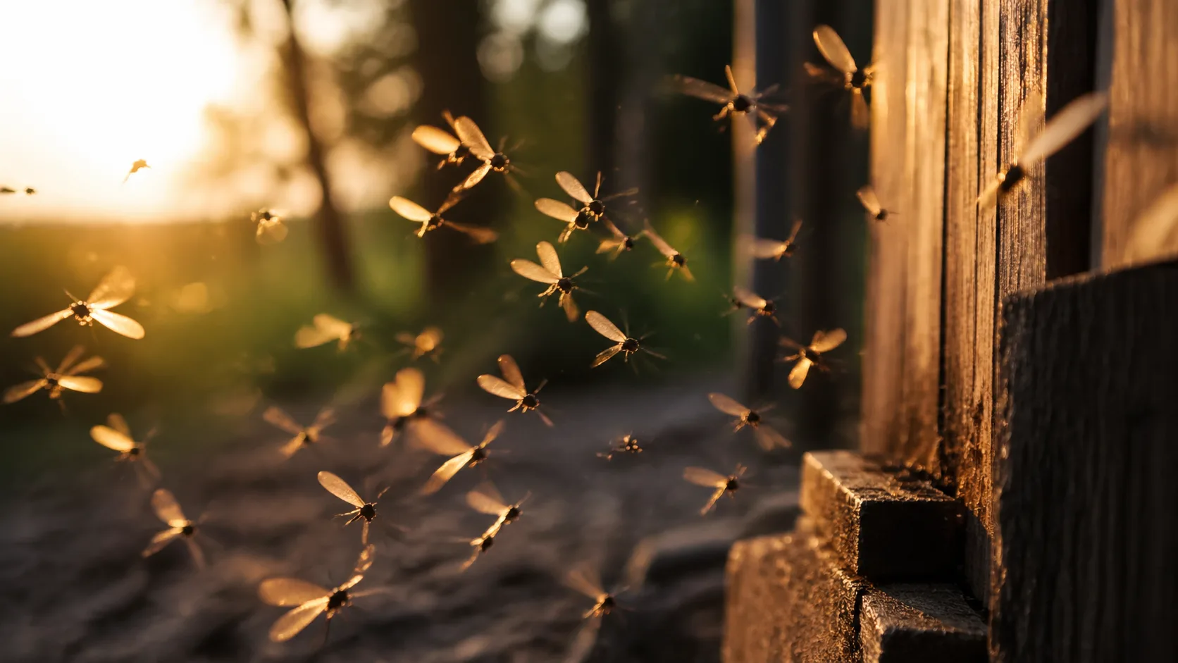 Essaimage printanier de termites volants au coucher du soleil