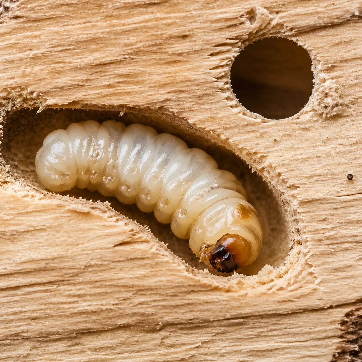 Larve de capricorne dans une galerie de bois avec trou de sortie circulaire