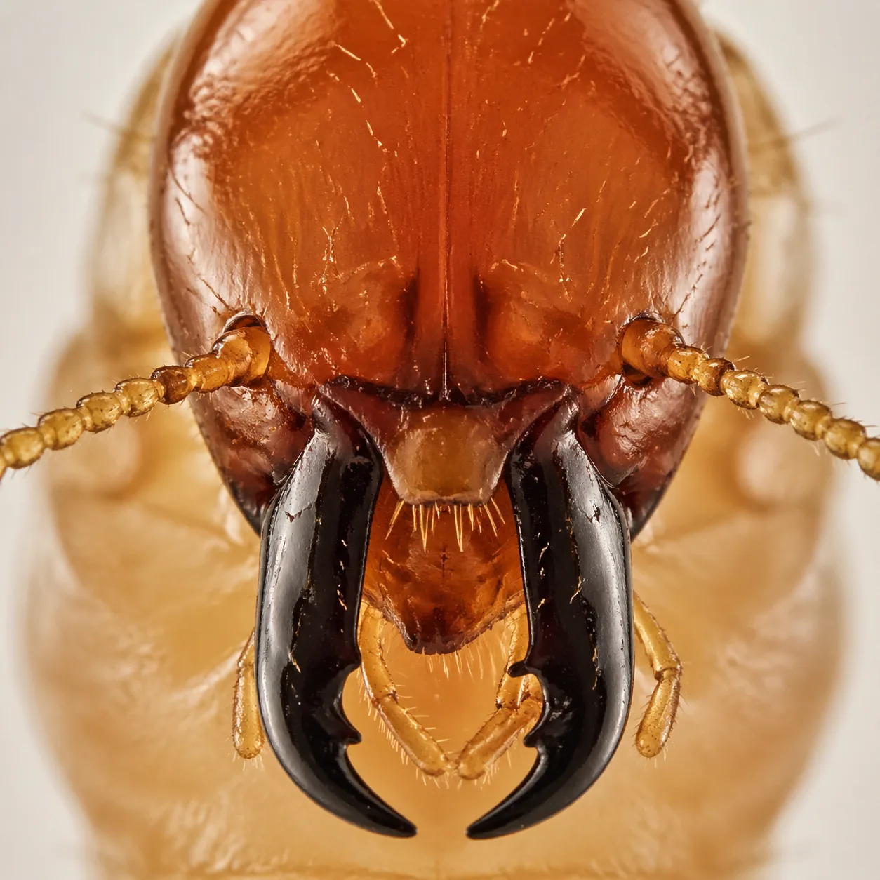 Macro extrême des mandibules d'un termite vu de face
