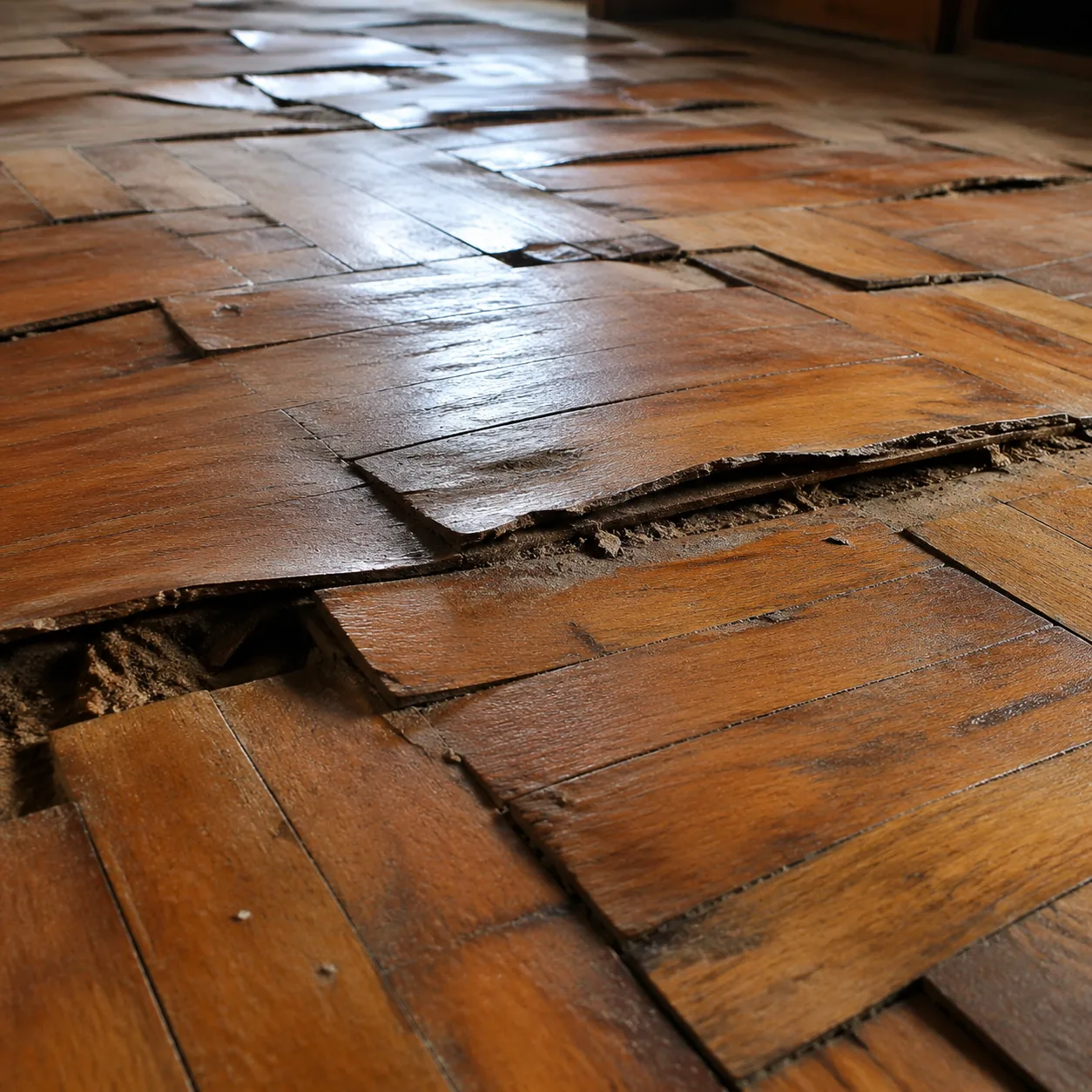 Parquet ancien gondolé et déformé suite à une infestation de termites