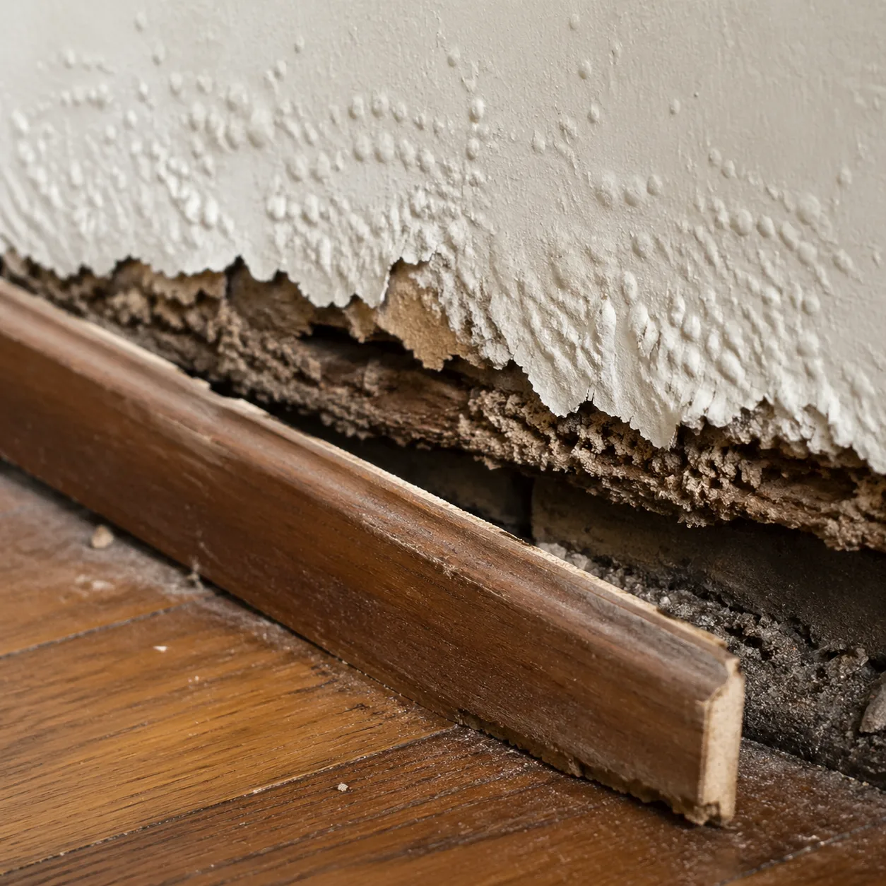 Plinthe en bois décollée et déformée par une infestation de termites