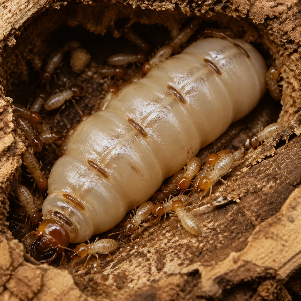 Reine de termite à l'abdomen distendu entourée d'ouvriers dans la chambre royale