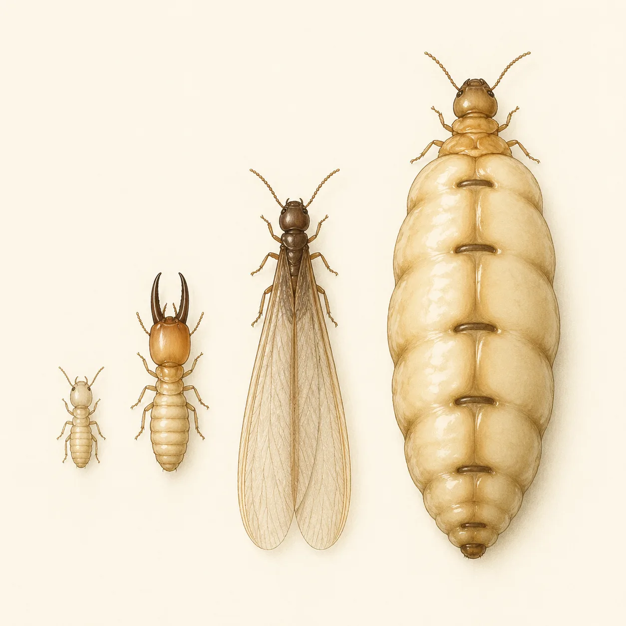 Tailles relatives des castes de termites : ouvrier, soldat, ailé et reine