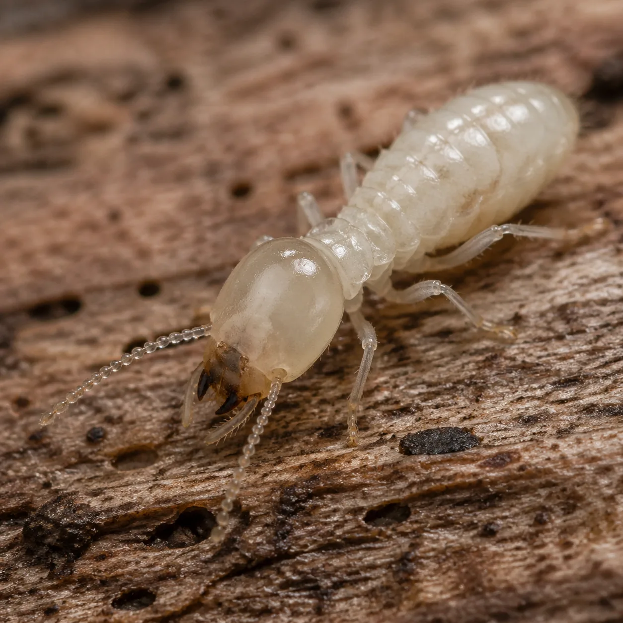 Termite ouvrier Reticulitermes flavipes en macro sur du bois rongé