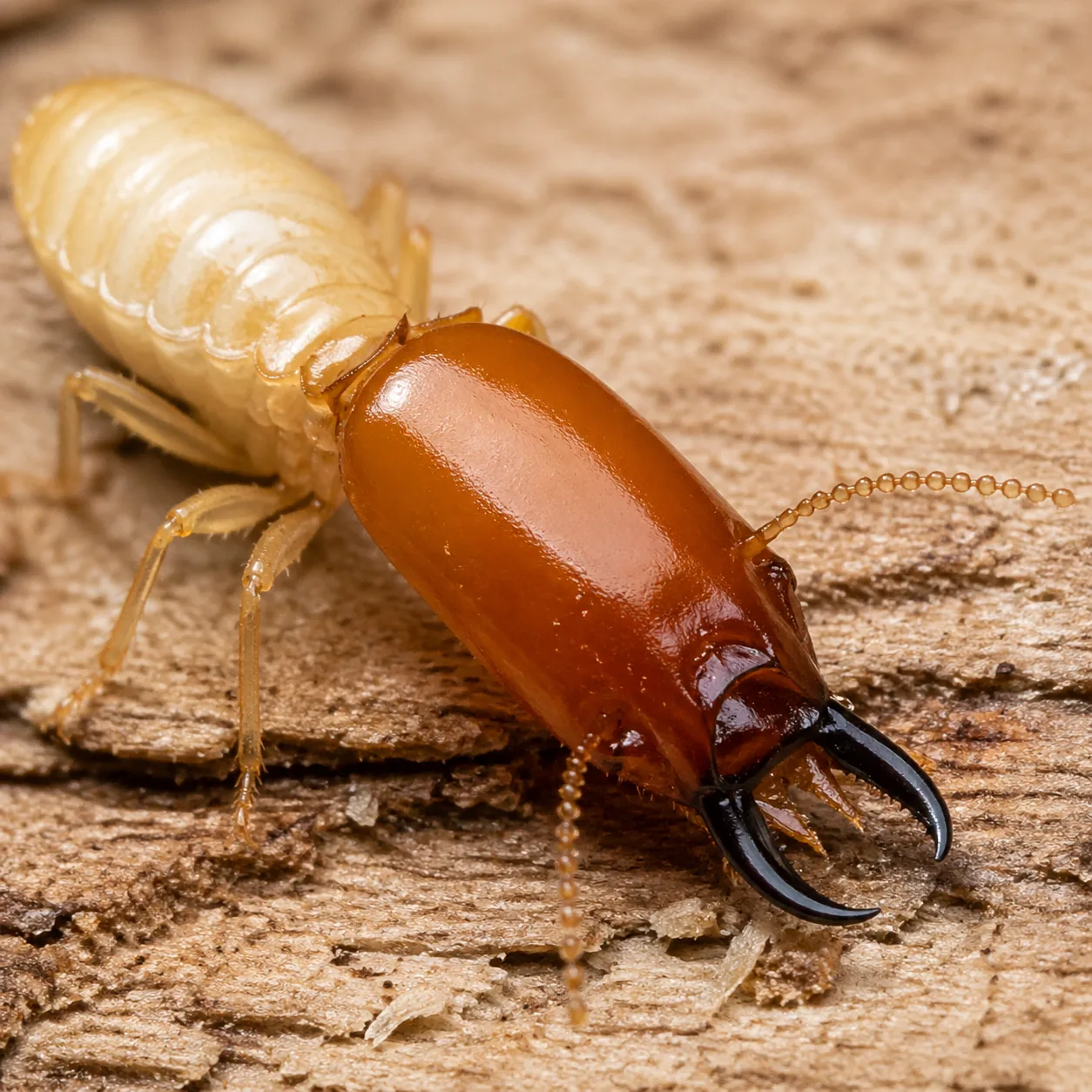Termite soldat à tête orangée et mandibules sur bois