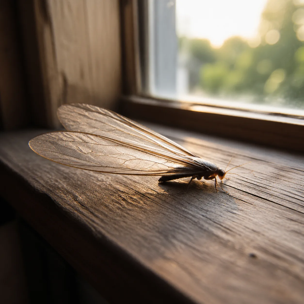 Termite ailé posé sur un rebord de fenêtre en bois lors de l'essaimage