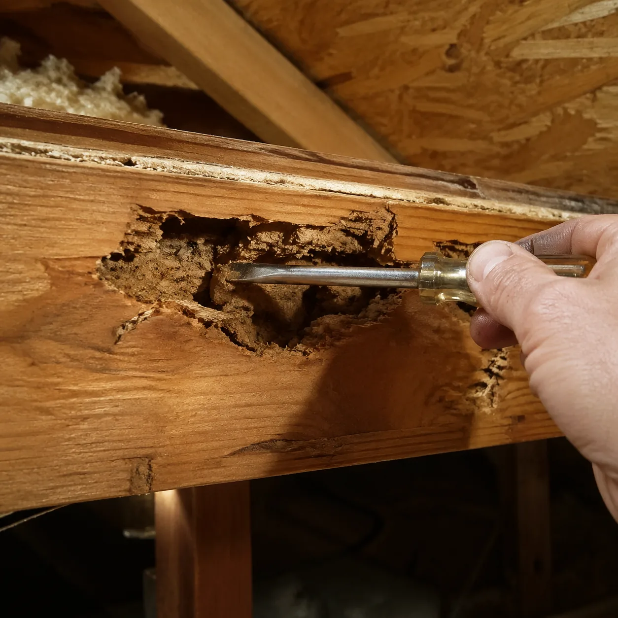 Test du tournevis dans une poutre attaquée par les termites révélant le bois creux
