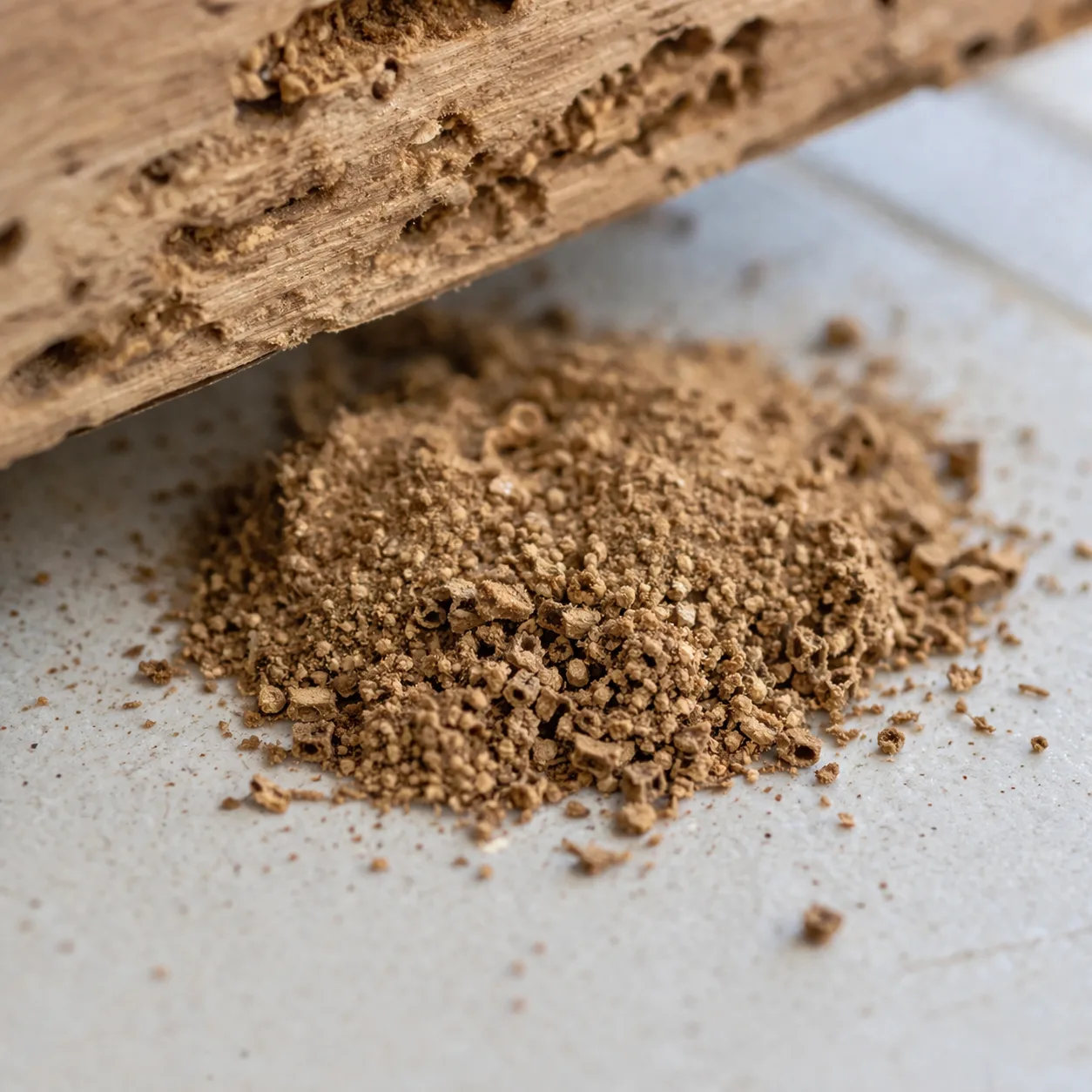 Vermoulure et boulettes fécales hexagonales sous une zone infestée par les termites