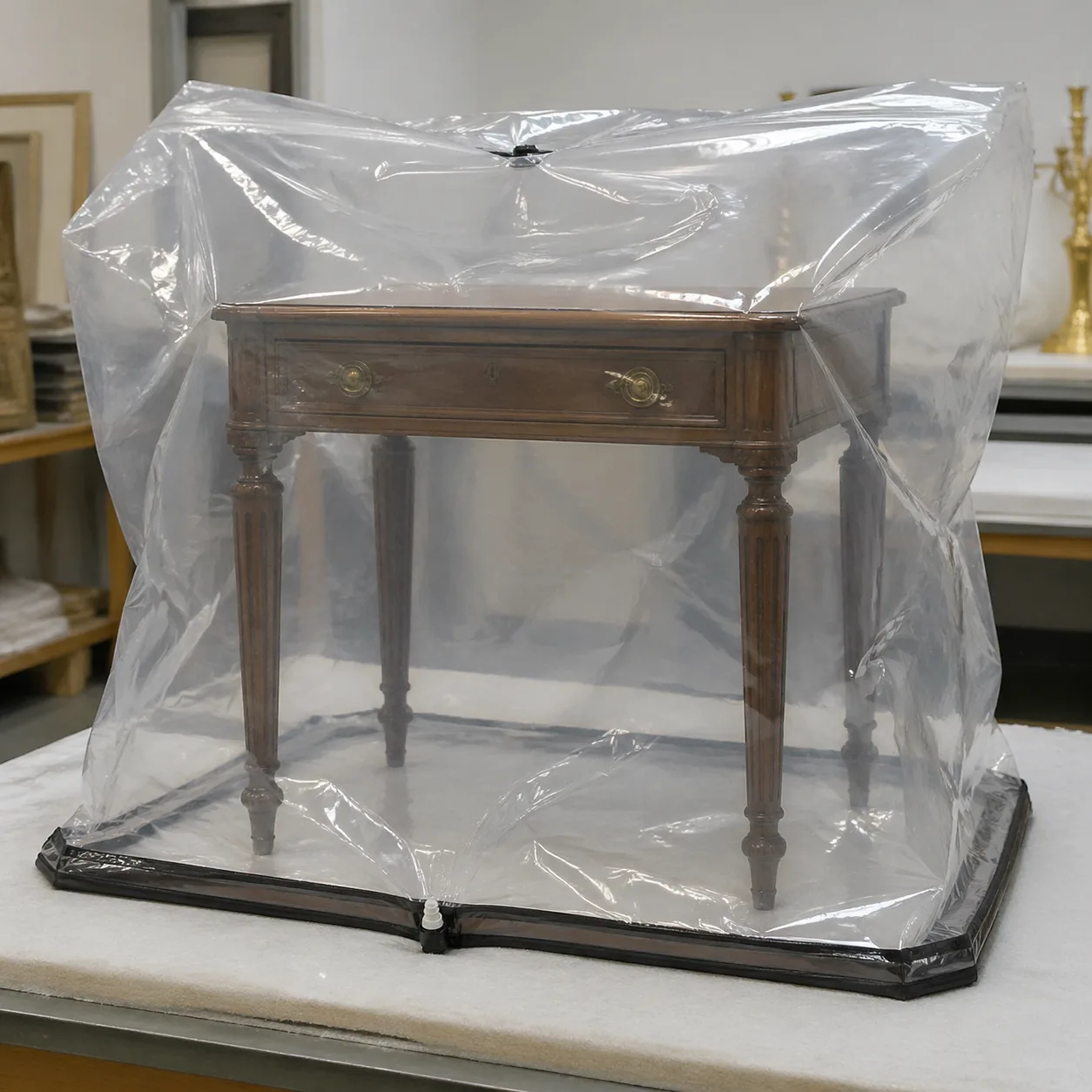 Petit meuble en bois conditionné en sac d'anoxie pour traitement sans produit