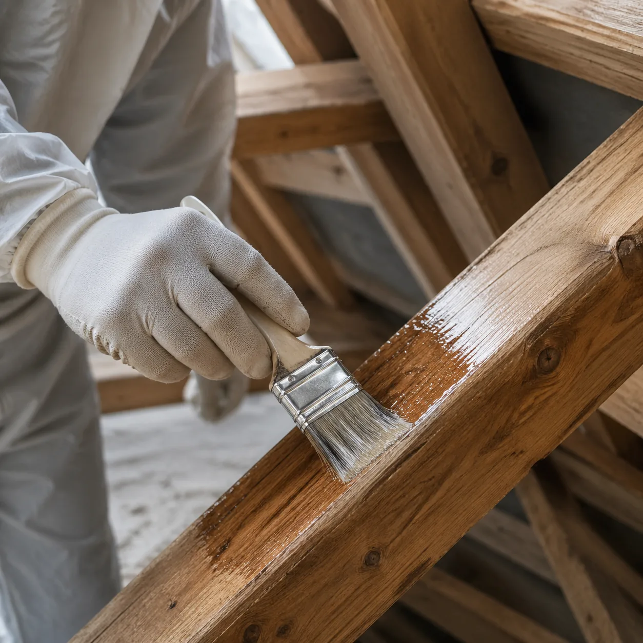 Application au pinceau d'un gel anti-termites sur une poutre de charpente