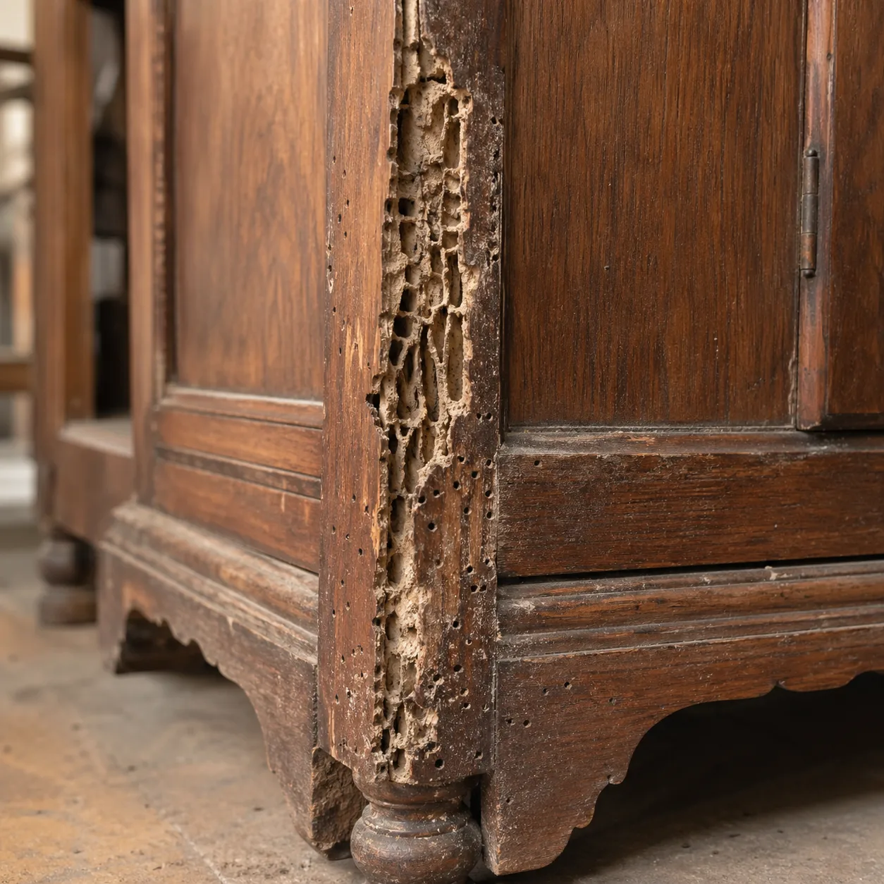 Meuble ancien attaqué par les termites avec galeries visibles