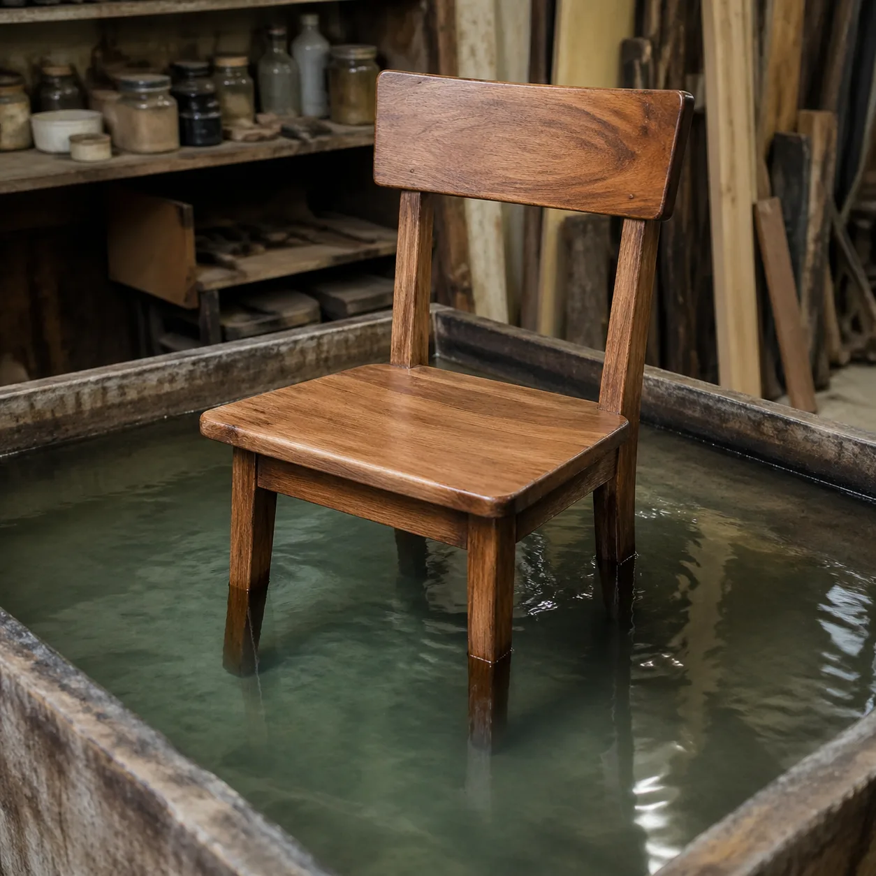 Chaise en bois trempée dans un bain de traitement anti-termites