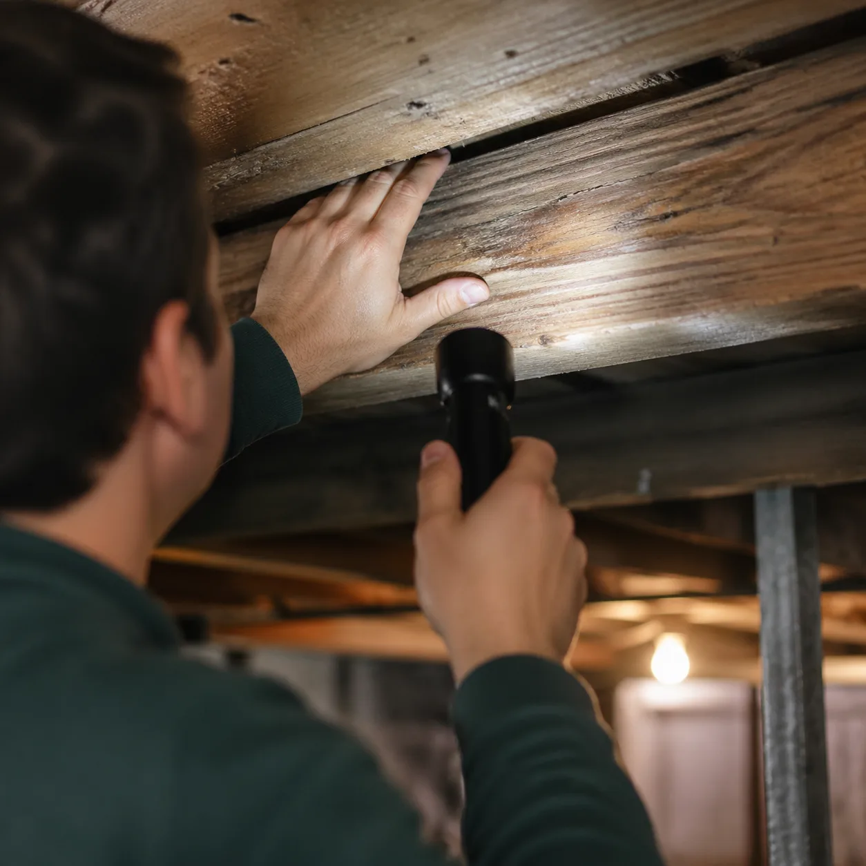 Particulier inspectant les poutres de sa cave avec une lampe torche