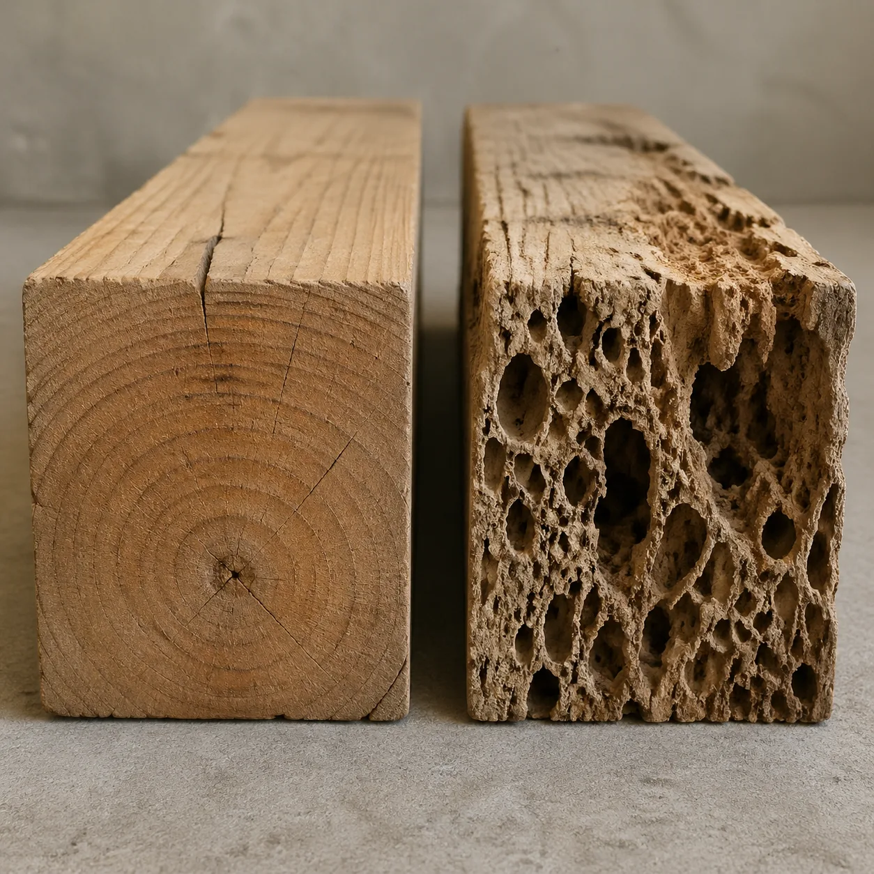 Comparaison entre une poutre saine et une poutre attaquée par les termites