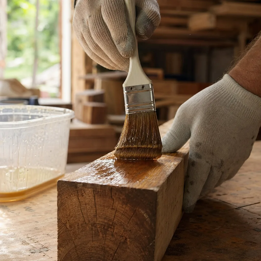 Application d'un produit anti-termites bricolage sur une poutre