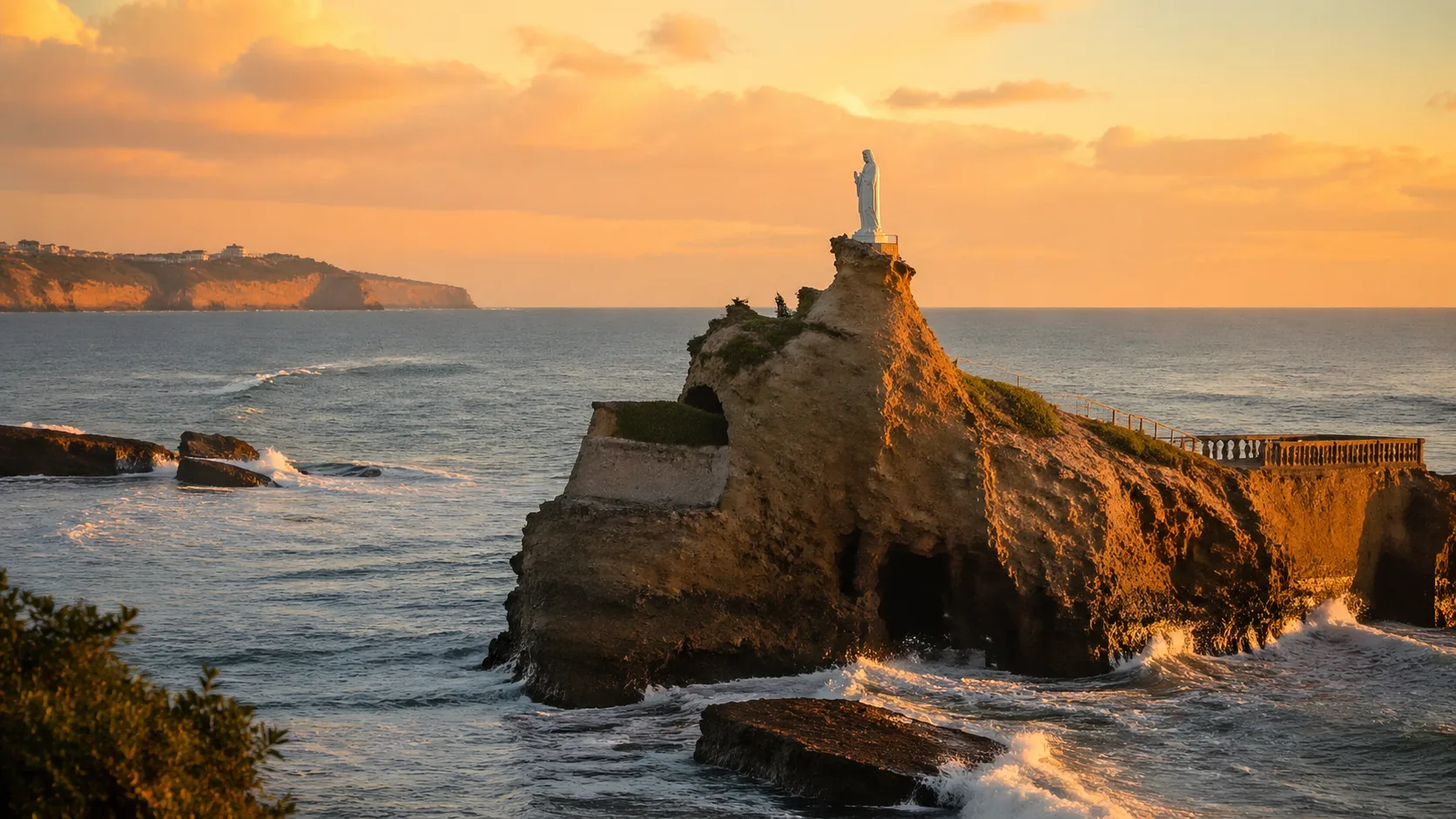 Rocher de la Vierge à Biarritz au coucher du soleil