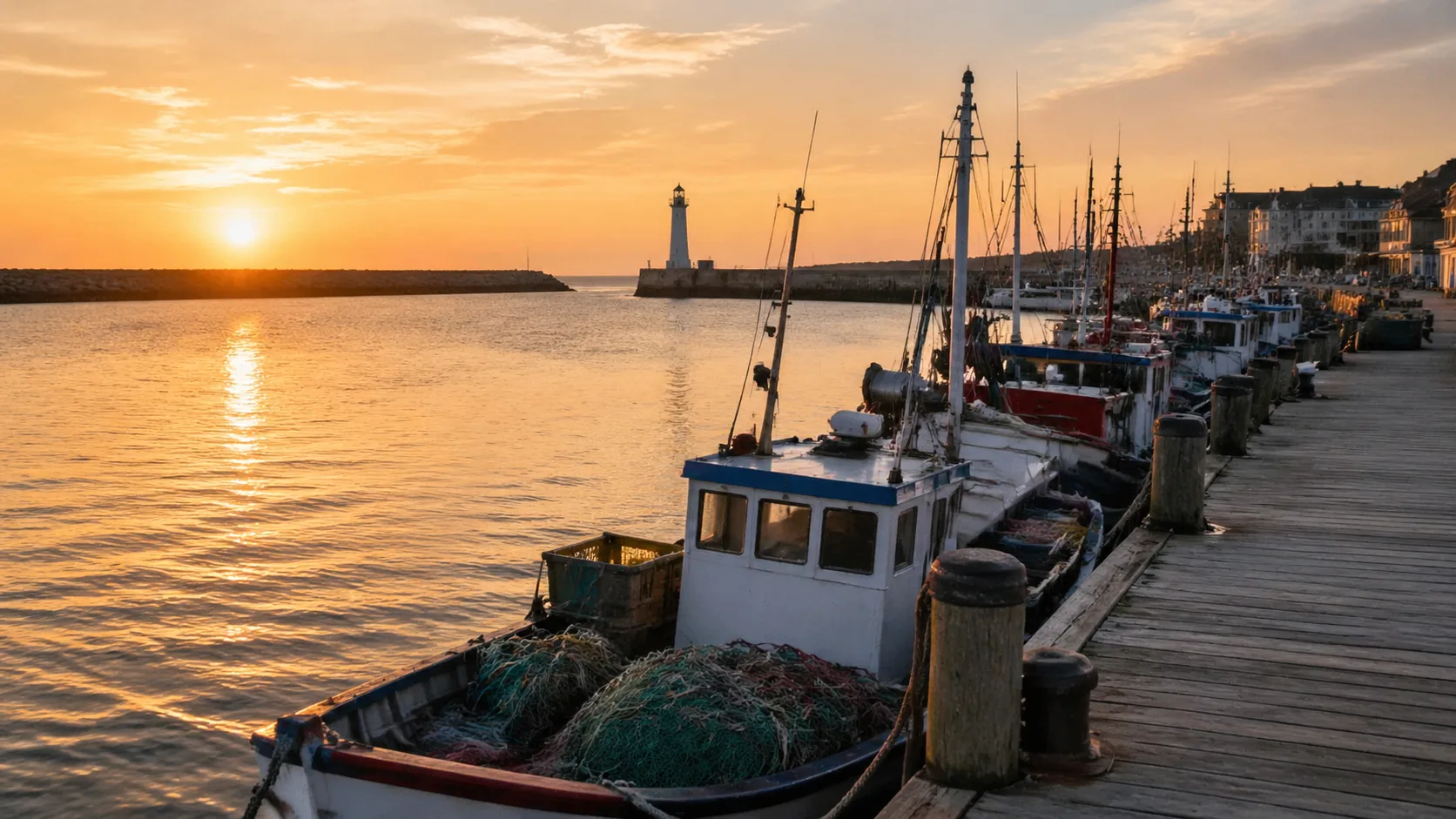 Port de Capbreton avec bateaux de pêche au coucher du soleil