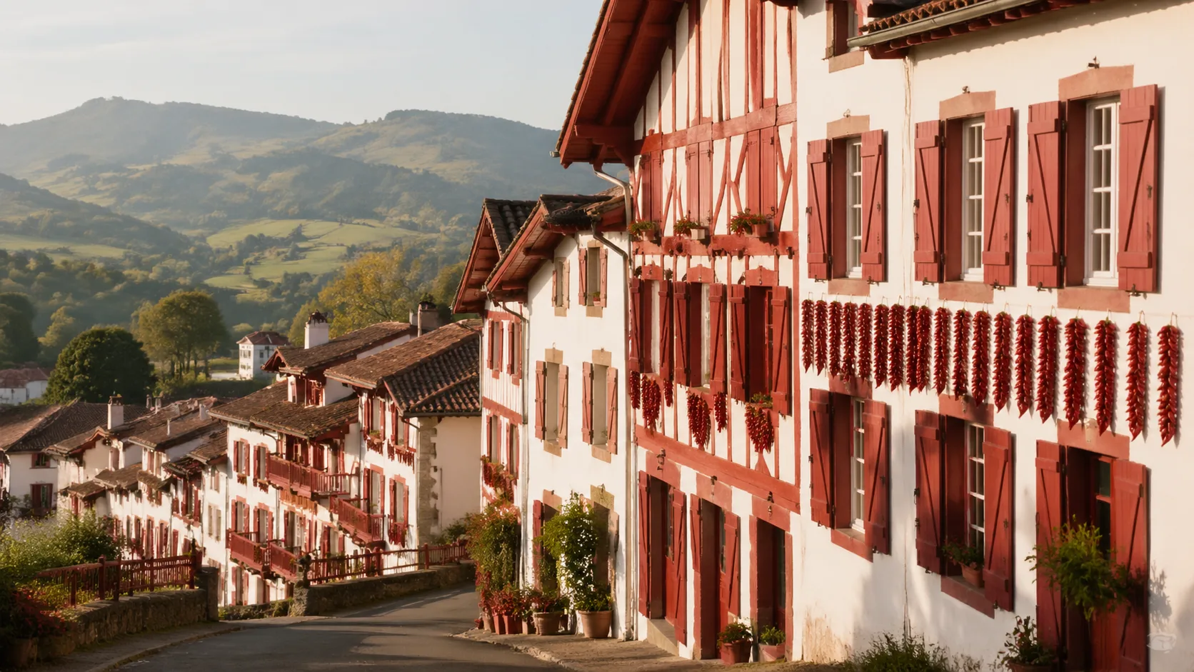 Village d'Espelette au Pays Basque avec piments rouges en façade
