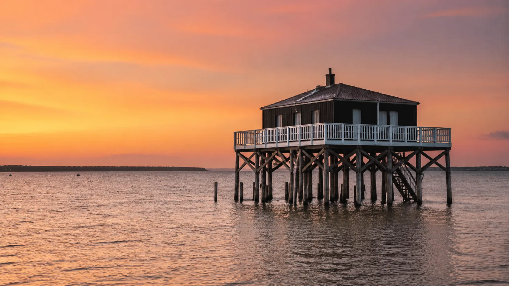 Cabane tchanquée du bassin d'Arcachon au coucher du soleil
