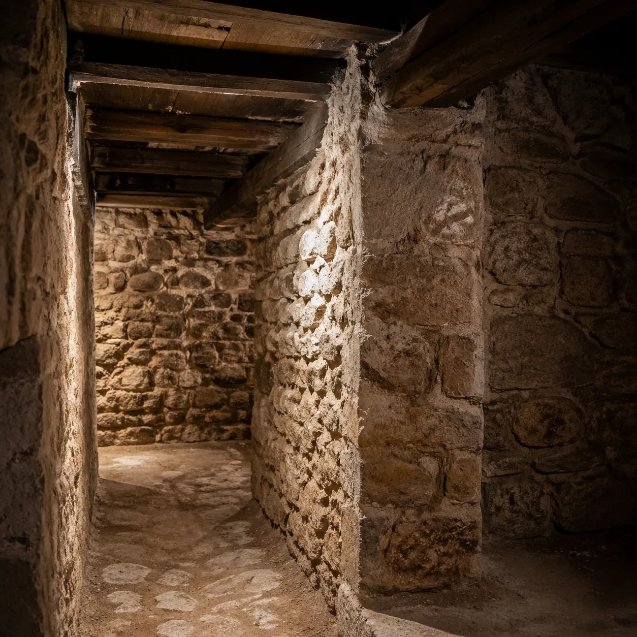 Cave parisienne typique en pierre meulière avec poutres en bois