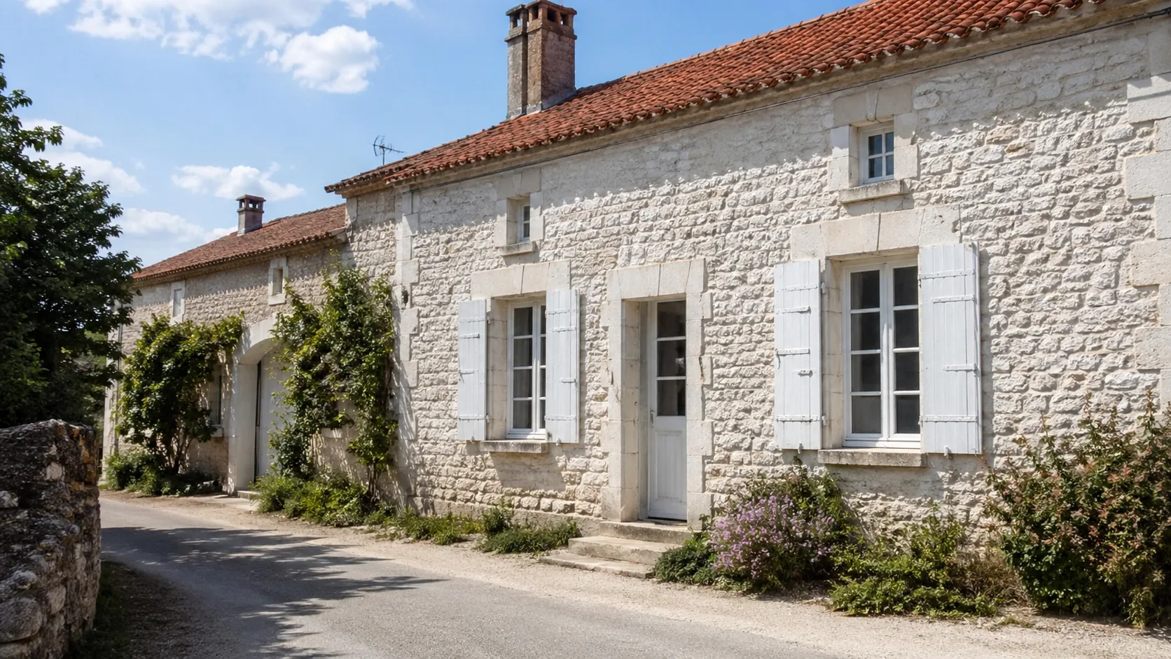 Maison charentaise traditionnelle en pierre blanche